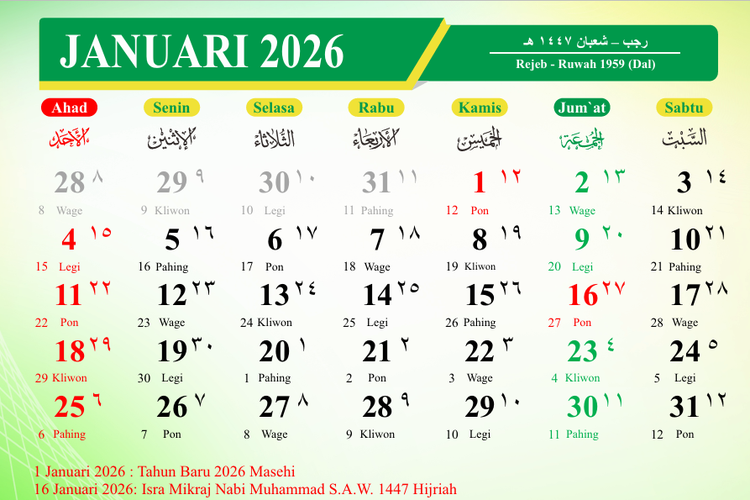 Kalender 2026. Temukan kalender Jawa 2026 lengkap dengan weton, pasaran, dan wuku. Kalender ini menunjukkan penanggalan Jawa yang biasa digunakan dalam kegiatan tradisional. 