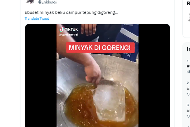 Tangkapan layar video yang memperlihatkan minyak beku dicampur tepung dan digoreng