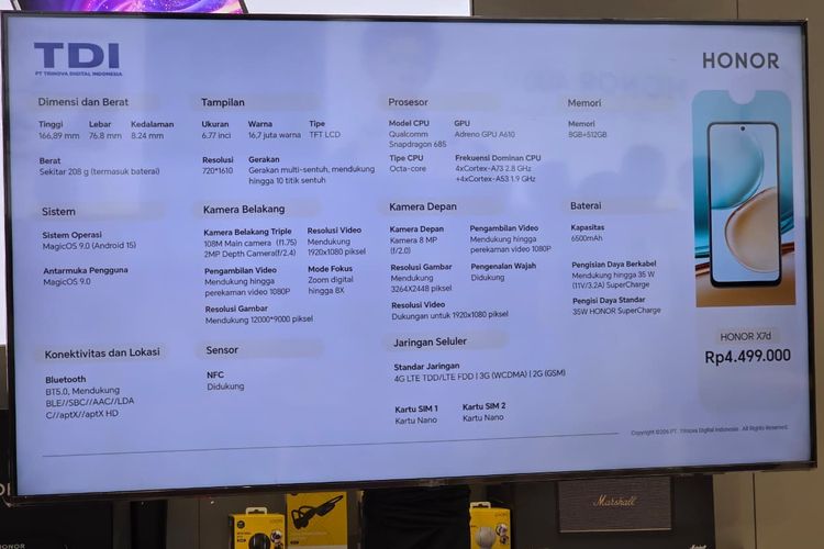 Spesifikasi lengkap Honor X7d di Indonesia. Ponsel ini dibekali baterai besar dan kamera 108 MP. 