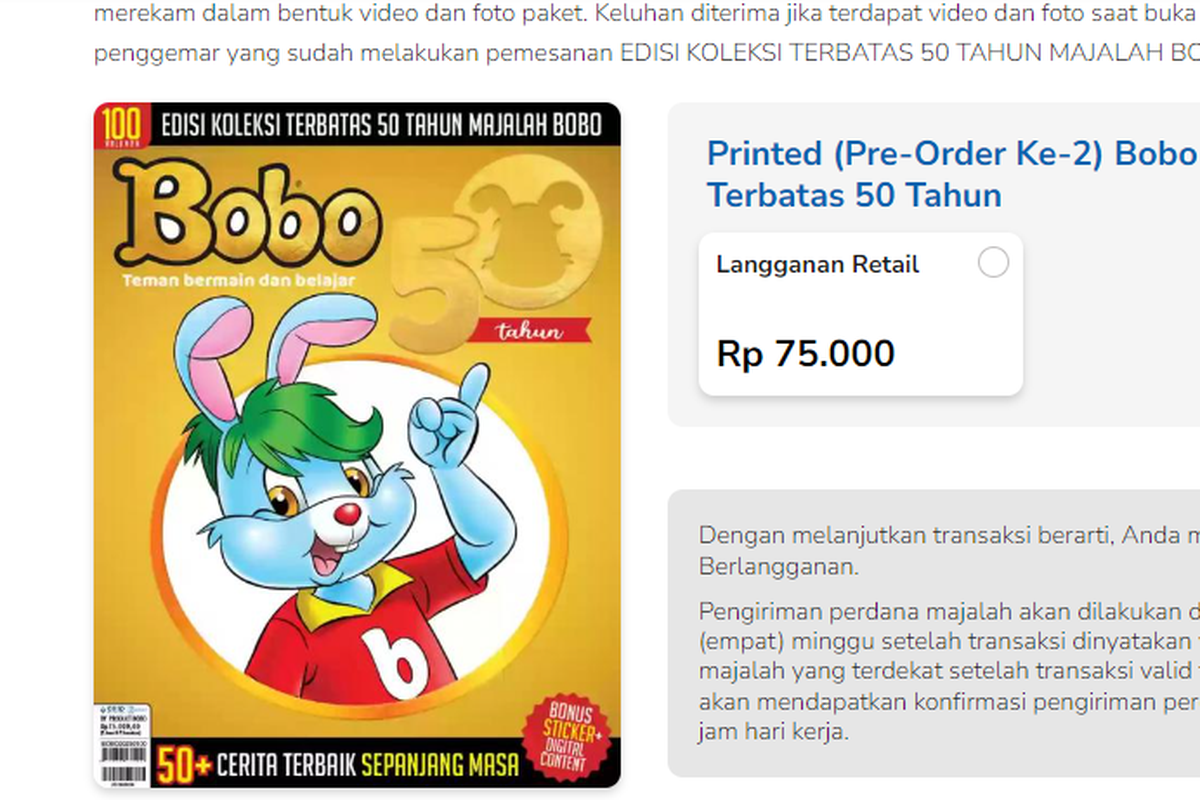 Majalah Bobo edisi koleksi terbatas 50 tahun kembali membuka pre-order kedua hingga 23 Juli 2023.