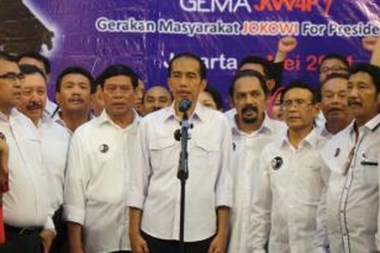 Bakal calon presiden dari PDI Perjuangan Joko Widodo saat hadir dalam acara deklarasi Gerakan Masyarakat Jokowi for President, di Museum Joang, Jakarta, Kamis (8/5/2014) malam.