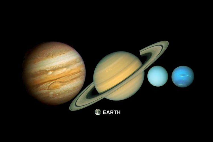 Perbandingan ukuran planet jupiter, saturnus, uranus, neptunus, dan bumi. 