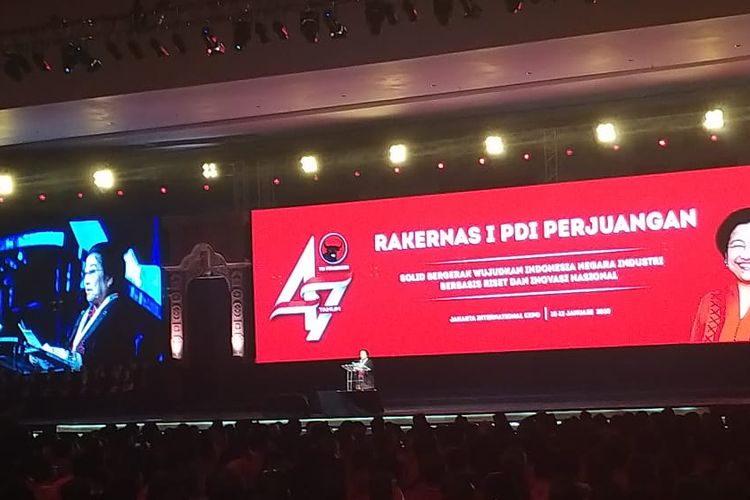 Sambutan Ketua Umum PDI Perjuangan Megawati Soekarnoputri dalam Rakernas dan HUT PDI-P ke-47 di JIExpo Kemayoran, Jakarta Pusat, Jumat (10/1/2020).