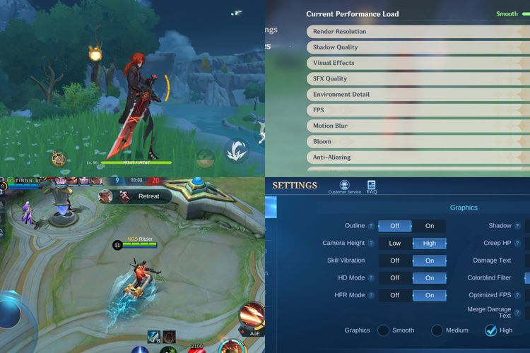 Ilustrasi game Genshin Impact (atas) dan Mobile Legends (bawah) berjalan di Galaxy A32.