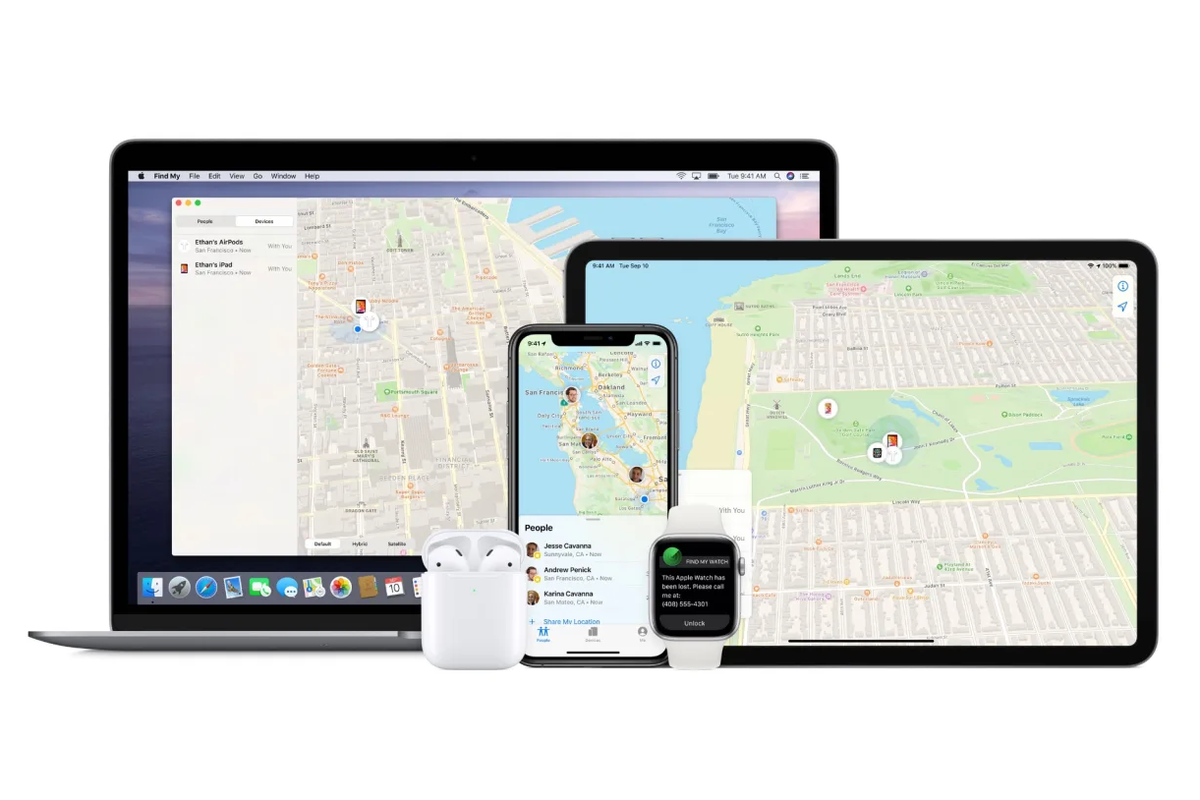 Ilustrasi fitur FInd My di berbagai perangkat Apple termasuk iPhone.