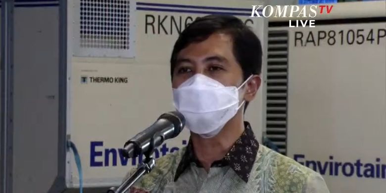 Screen grab of Deputy Health Minister Dante Harbuwono speaks at the Soekarno-Hatta International Airport as 10 million doses of bulk vaccine from China's Sinovac arrive in Indonesia on Tuesday, March 2, 2021. 