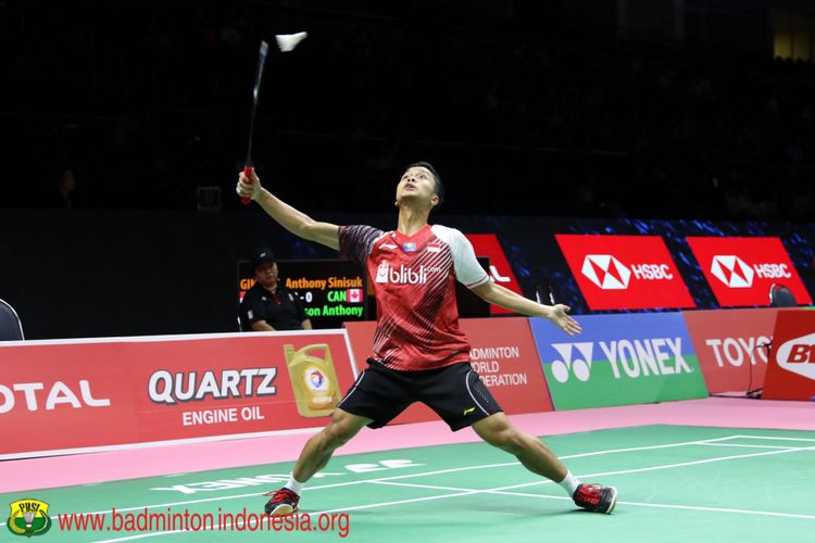 Anthony Sinisuka Ginting tampil sebagai tunggal pertama Indonesia pada pertandingan Piala Thomas 2018 kontra Kanada di Impact Arena, Minggu (20/5/2018).