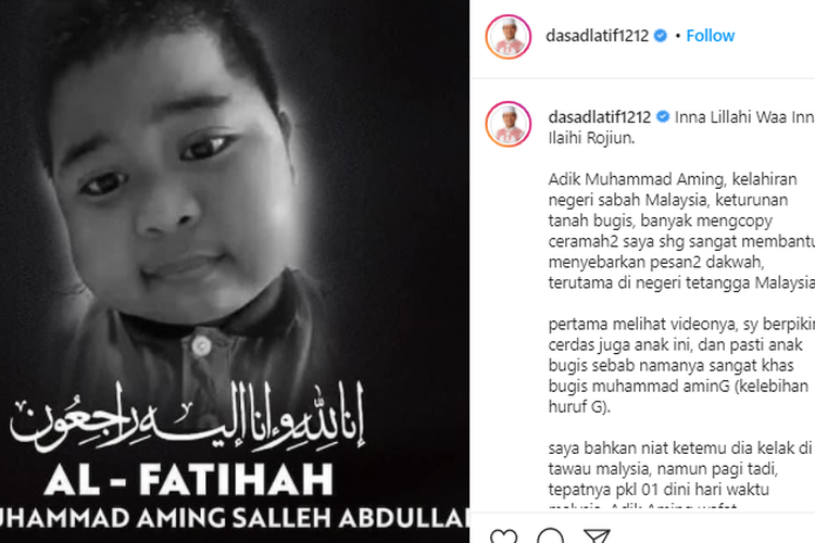 Adik Aming Salleh yang viral karena menirukan gaya ceramah Ustaz Das'ad Latif meninggal dunia.