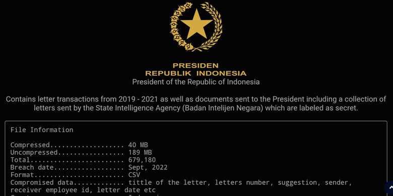 Tangkapan layar dari situs Breached.to yang diduga berisi dokumen surat menyurat Presiden Joko Widodo. Salah satu dokumen yang diunggah oleh akun Bjorka itu diduga berasal dari BIN.