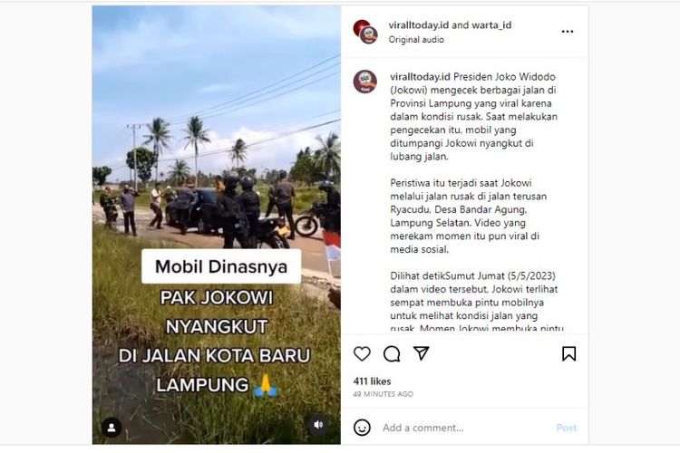 Video viral yang menyebutkan mobil dinas Presiden RI Joko Widodo, Mercedes-Benz S600 Guard, tersangkut di jalan rusak di Lampung