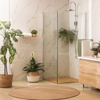 Ilustrasi kamar mandi yang diisi dengan tanaman hias. 