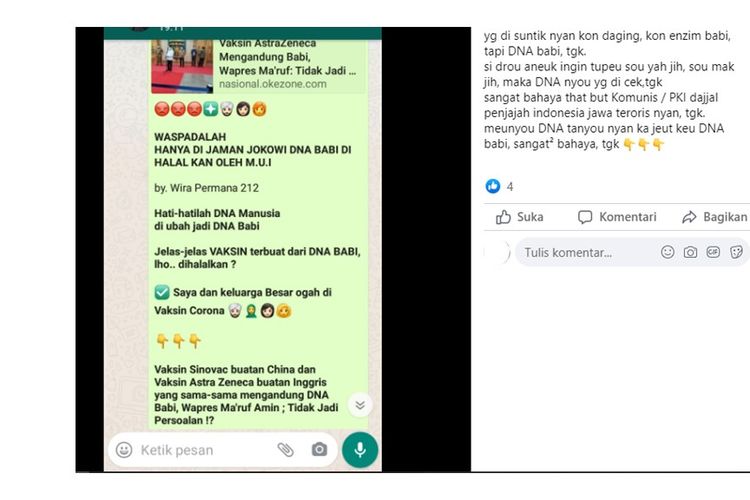 Unggahan hoaks yang menyebut vaksin Sinovac dan AstraZeneca mengandung DNA babi