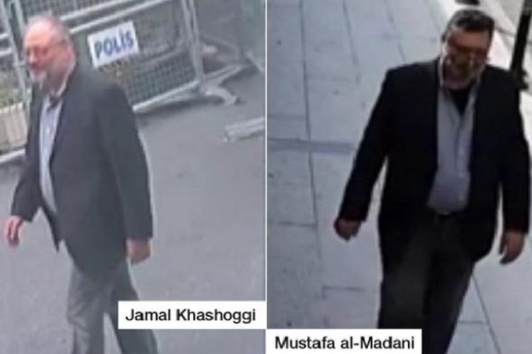 Potongan rekaman kamera pengawas memperlihatkan Jamal Khashoggi (kiri) ketika memasuki gedung konsulat di Istanbul, Turki. Sedangkan foto kanan adalah pelaku yang mengenakan pakaian sama dengan Khashoggi beberapa jam setelah jurnalis 60 tahun itu memasuki gedung.