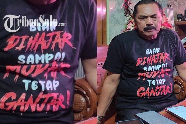 Ketua DPC PDIP Solo, FX Hadi Rudyatmo mengomentari bubarnya barisan relawan Ganjar Pranowo (GP) Mania, Kamis (9/2/2023). Dia mengenakan kaos bertuliskan 'Biar Dihajar Sampai Modar Tetap Ganjar'.