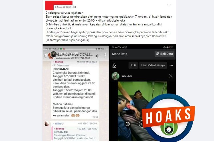 Tangkapan layar Facebook narasi yang menyebut terjadi pembegalan di Kecamatan Cicalengka, Kabupaten Bandung pada 7 Mei 2024