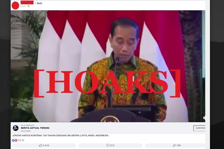 Hoaks Jokowi hapus kontrak perjanjian jual-beli sumber daya alam dengan Uni Eropa yang berjangka waktu 100 tahun