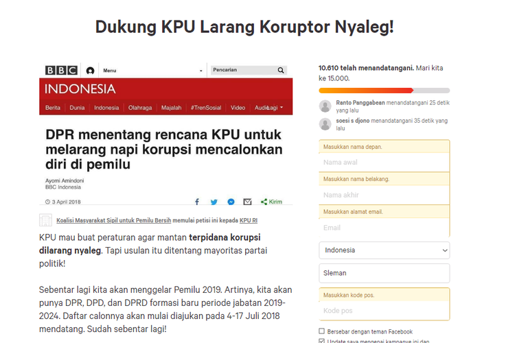 Petisi online mendukung KPU melarang koruptor menjadi caleg.