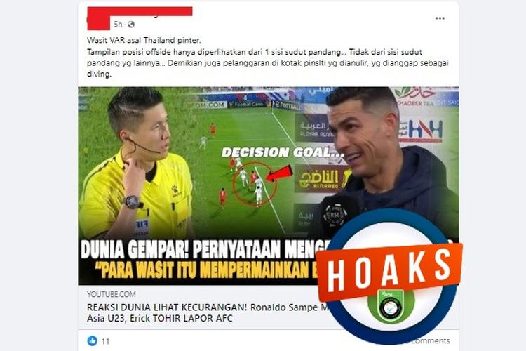 Tangkapan layar Facebook narasi yang menyebut Ronaldo mengkritik kepimpinan wasit dalam laga Indonesia melawan Uzbekistan
