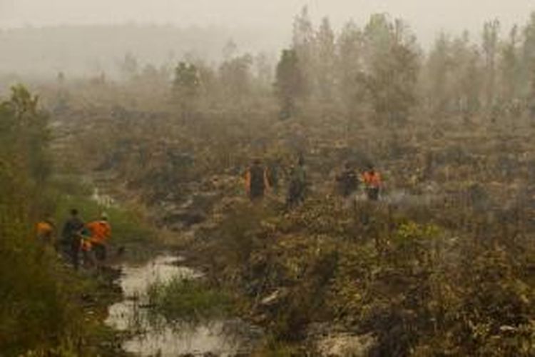 Anggota TNI dan petugas pemadam, menggunakan air yang tersedia di kanal untuk memadamkan kebakaran hutan gambut di Jabiren Raya, Kalimantan Tengah, saat inspeksi Presiden Joko Widodo di kawsan tersebut, 24 September 2015.