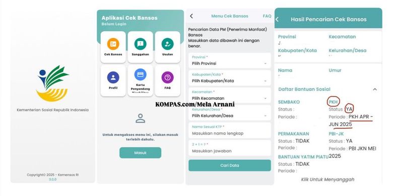 Tangkapan layar hasil pencarian cek bansos Kemensos. PKH 2026. Cara cek penerima PKH 2026. Cek PKH 2026. Cek bansos Kemensos.