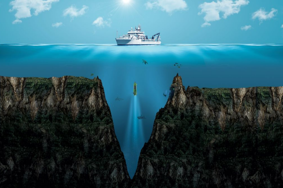 Ilustrasi Palung Mariana, palung terdalam Bumi. Challenger Deep di Palung Mariana adalah tempat terdalam di dunia.