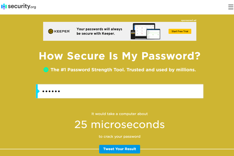 Tangkapan layar laman Security.org, yang menampilkan hasil pengecekan sebuah password yang tergolong lemah.