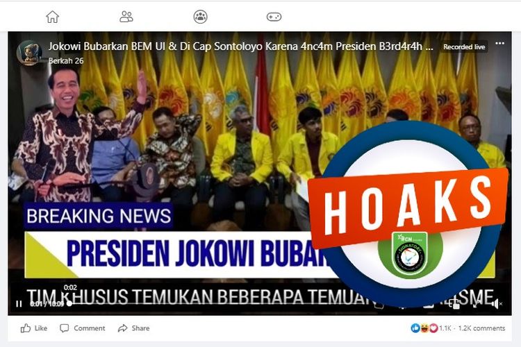 Tangkapan layar Facebook narasi yang menyebut Presiden Jokowi membubarkan BEM UI