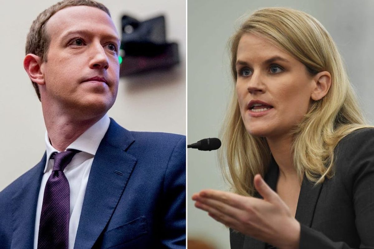 Ilustrasi CEO Meta Mark Zuckerberg (kiri) dan whistleblower Facebook Frances Haugen (kanan).