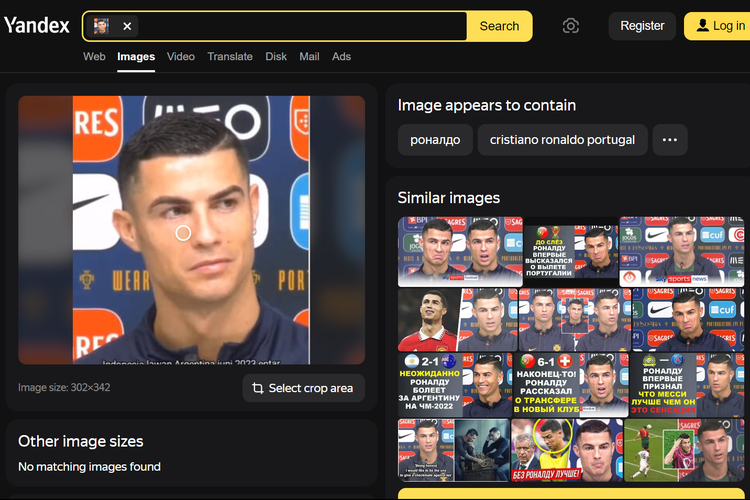 Tangkapan layar pencarian gambar di Yandex, menampilkan konferensi pers Cristiano Ronaldo pra pertandingan Portugal melawan Ghana pada Piala Dunia 2022 Qatar, 21 November 2022.