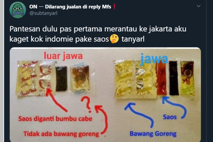 Tangkapan layar unggahan perbedaan bumbu Indomie goreng di Jawa dan luar Jawa.