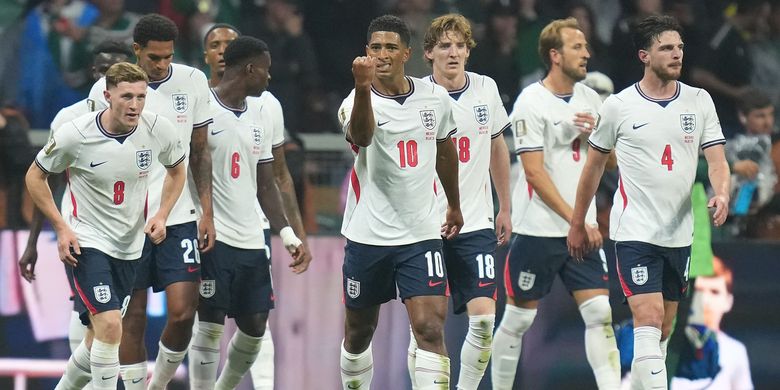 Jude Bellingham dari timnas Inggris merayakan gol pada laga babak 16 besar antara Meksiko dan Inggris di Piala Dunia FIFA 2026 di Stadion Kota Meksiko, Meksiko, 5 Juli 2026.
