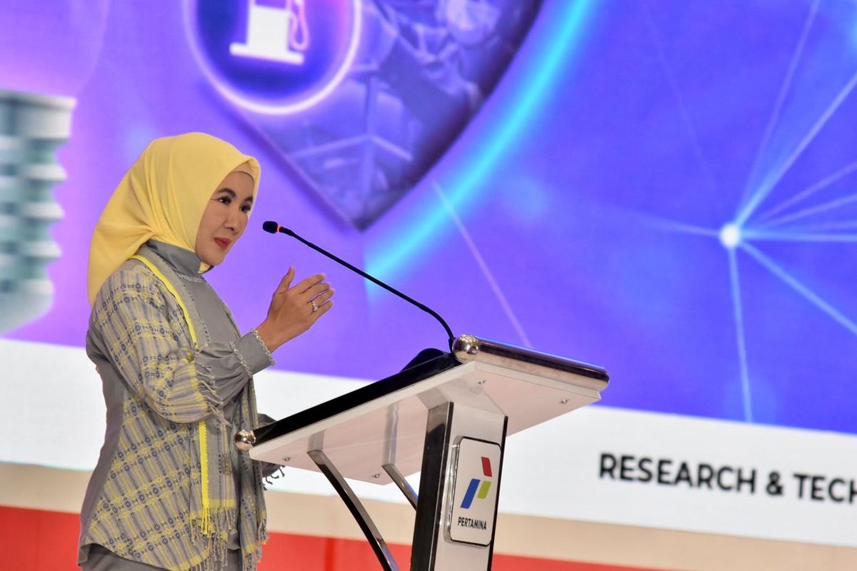 Direktur Utama (Dirut) Pertamina Nicke Widyawati saat menjadi keynote speech acara Pertamina Research And Technology Innovation (RTI) Collaboration Day di Ballroom Grha Pertamina, Kamis (22/6/2023).