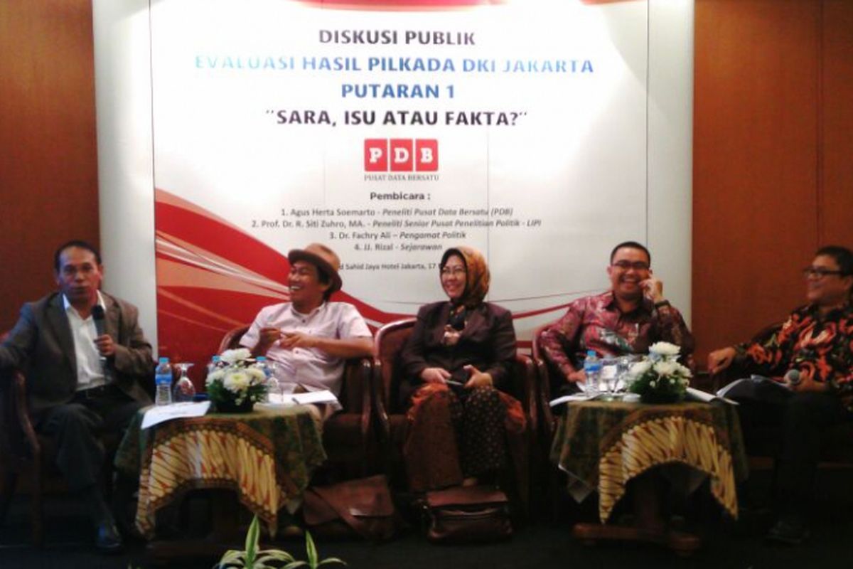  Acara diskusi Pusat Data Bersatu (PDB) dengan tema Hasil Pilkada DKI Putaran I SARA, Isu atau Fakta? di Hotel Grand Sahid, Jalan Jenderal Sudirman, Jakarta Pusat, Jumat (17/3/2017).