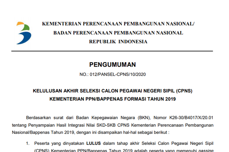 Tangkapan layar pengumuman hasil akhir seleksi CPNS 2019 di lingkungan Kementerian PPN/Bappenas.