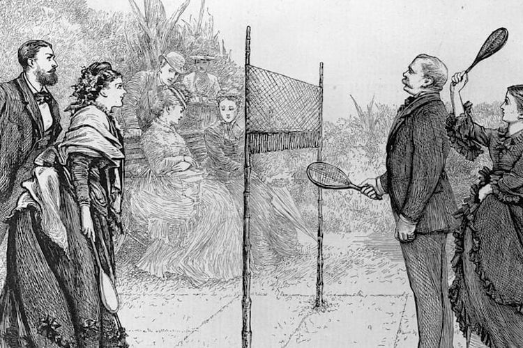Ilustrasi permainan Poona yang dikenal sebagai cikal bakal badminton yang diciptakan tentara Inggris di India pada abad ke-19.