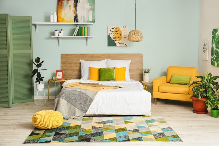 Ilustrasi kamar tidur dengan nuansa warna hijau mint.
