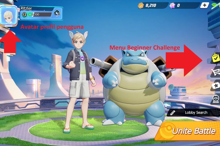 Tampilan lobby utama Pokemon Unite yang menampilkan menu avatar profil pengguna dan Beginner Challenge.