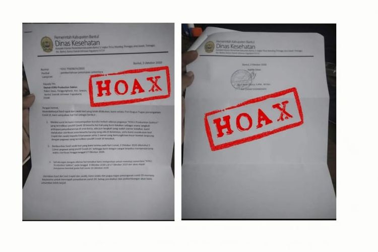Surat hoaks mengatasnamakan Dinas Kesehatan Pemkab Bantul soal penutupan KYKU Production Sablon karena pegawainya terinfeksi Covid-19.