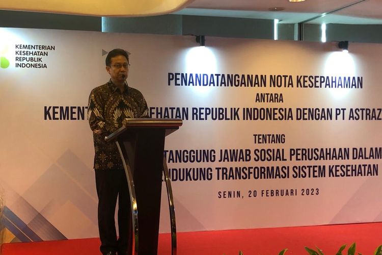 Menteri Kesehatan Budi Gunadi Sadikin  menghadiri penandatanganan nota kesepahaman (MoU) antara Kemenkes dan PT Astrazeneca di Jakarta, Senin (20/2/2023). 