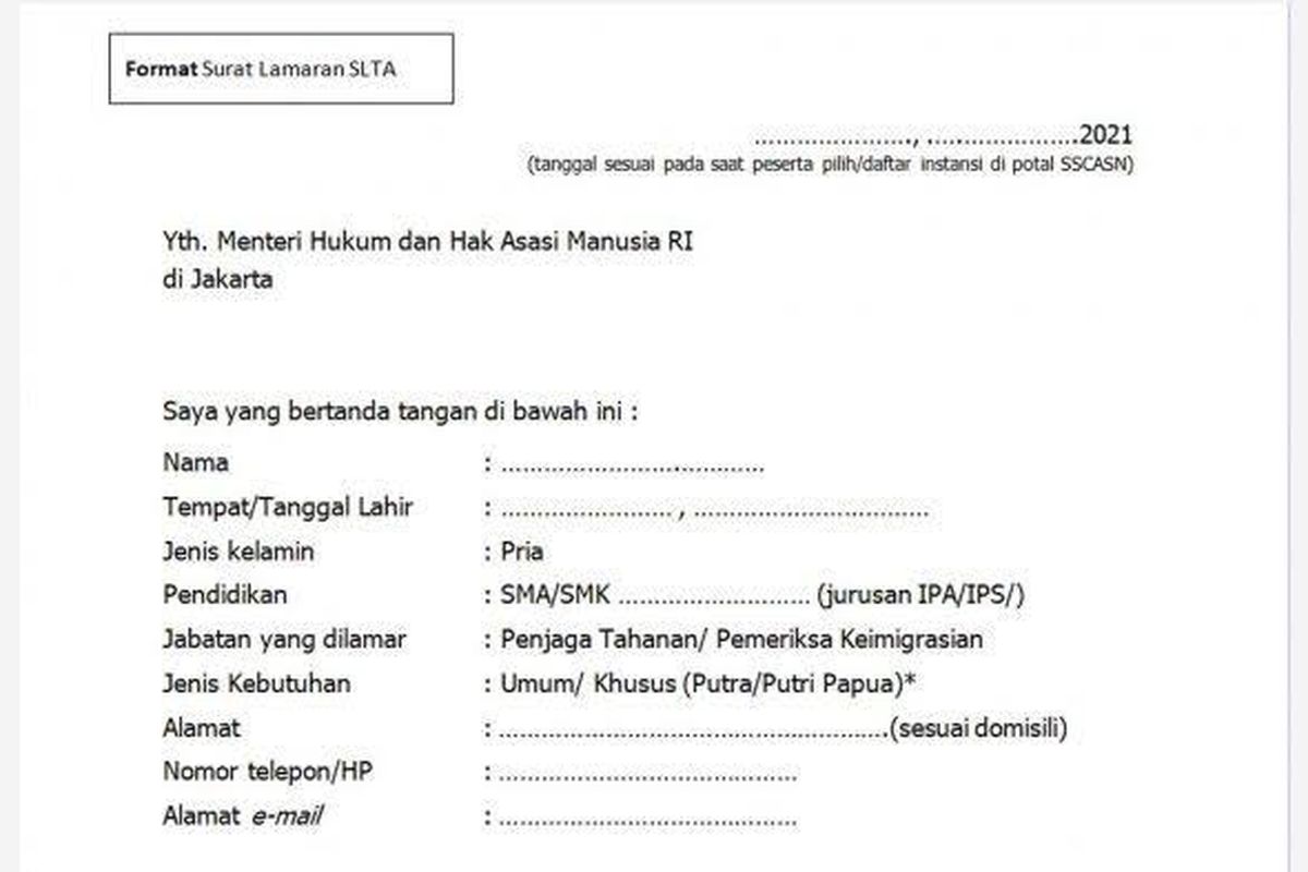 Contoh Surat Lamaran Cpns Kemenkumham