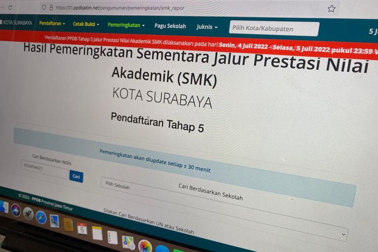 Halaman website ppdb.jatimprov.go.id untuk cek pengumuman PPDB Jatim 2022 tahap 5.