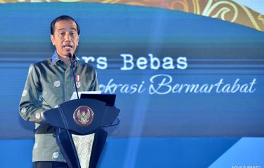 Presiden Joko Widodo saat memberi sambutan pada peringatan Hari Pers Nasional (HPN) 2023 yang digelar di Medan, Sumatera Utara, Kamis (9/2/2023).