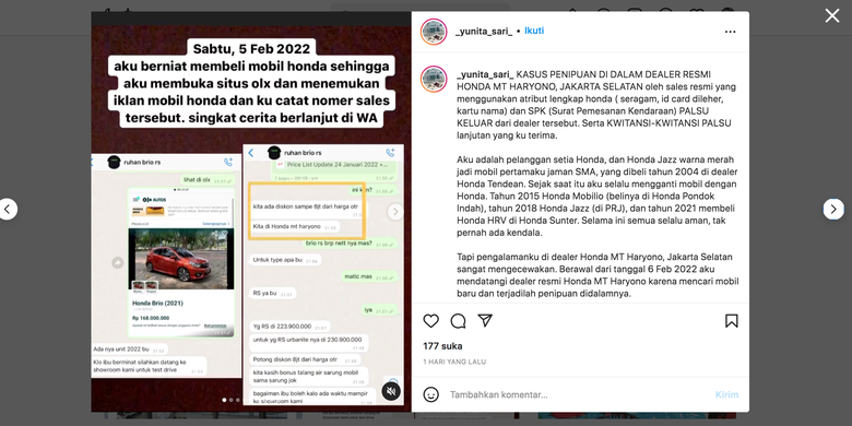 Seorang calon konsumen mengaku kena tipu saat hendak membeli mobil Honda Brio di dealer Honda MT Haryono.