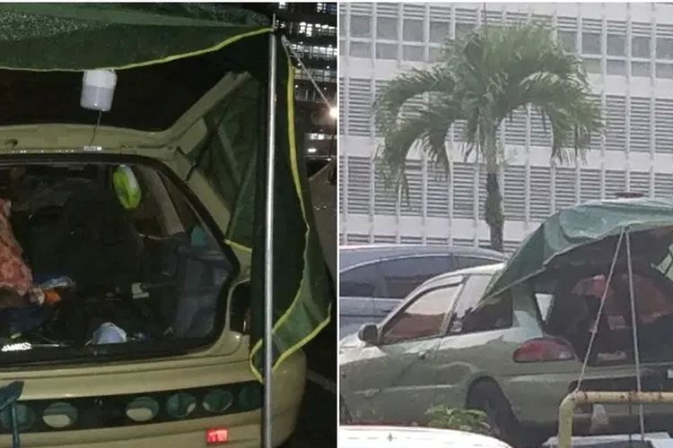 Mobil Pak Adi yang digunakan untuk berkemah di luar Rumah Sakit Raja Permaisuri Bainun (HRPB), Ipoh, Malaysia, untuk menunggu anaknya yang dirawat karena tumor otak, Januari 2023.