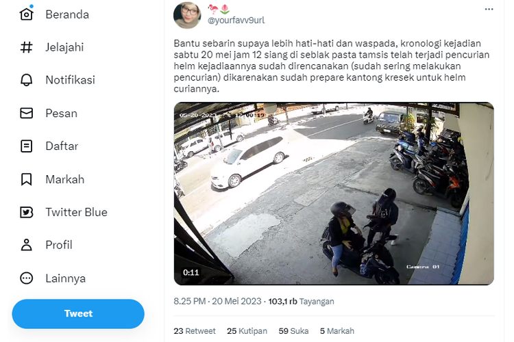 Tangkapan layar twit yang memperlihatkan pengendara motor diduga mencuri helm milik pengunjung restoran di Yogyakarta.