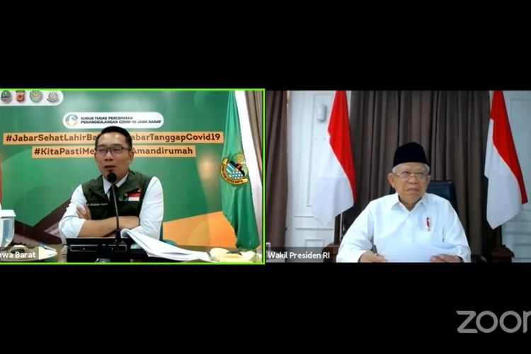 Wapres Maruf Amin saat melakukan video conference dengan Gubernur Jawa Barat terkait penanganan Covid-19 di Jawa Barat, Jumat (3/4/2020).