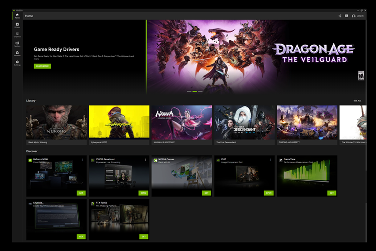 Tampilan utama aplikasi Nvidia untuk Windows