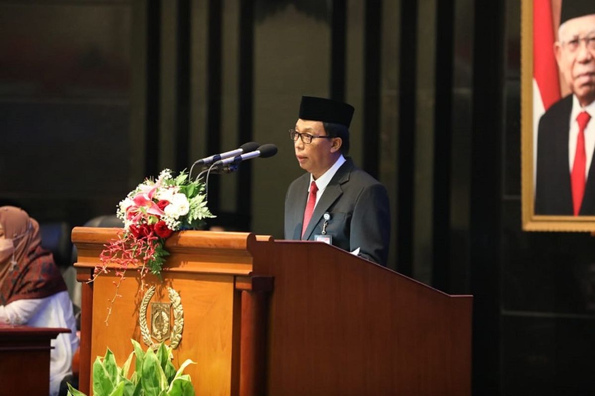 Sekjen Kemendagri Muhammad Hudori dalam sambutannya pada Rapat Paripurna DPRD Provinsi DKI Jakarta Memperingati HUT ke 494 Kota Jakarta di Ruang Rapat Paripurna, Gedung DPRD DKI Jakarta, Selasa (22/6/2021). 