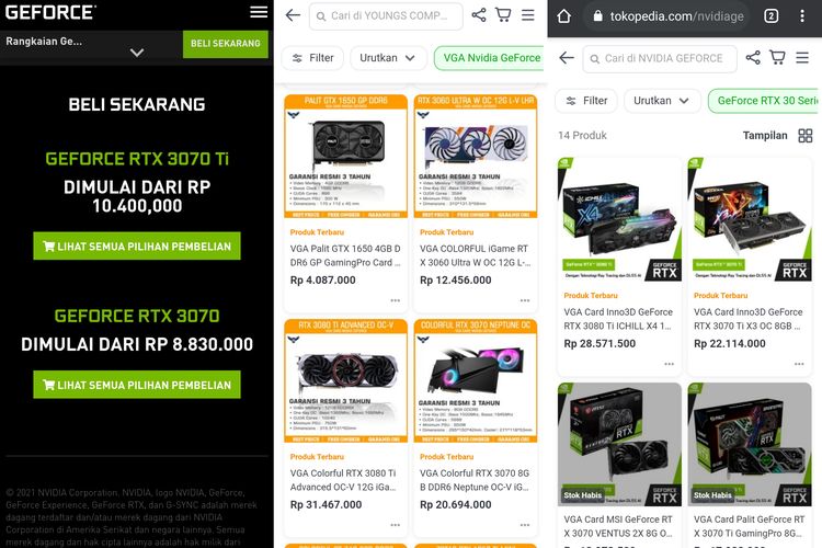 Harga Nvidia GeForce RTX 3070 dan 3070 Ti di situs web resmi dan di marketplace di Indonesia.