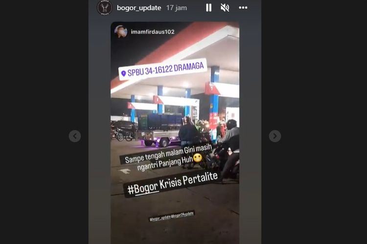 Antrean SPBU untuk membeli Pertalite di salah satu SPBU Dramaga, Bogor, pada akun Instagram @bogor_update. 